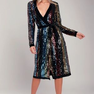 Lulu’s Pretty Pretty Prismatic Rainbow Striped Sequin Midi Robe Dress